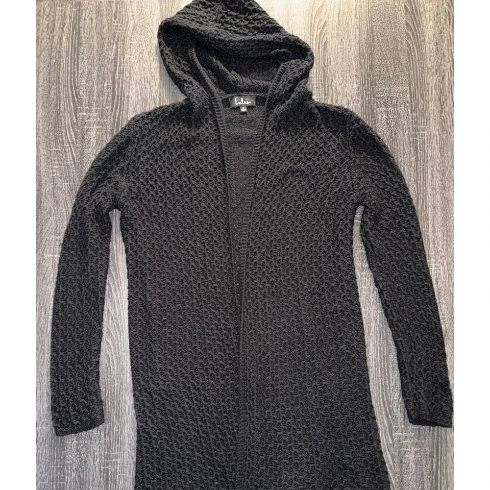 Lulus Black Hooded Longline Cardigan Open Knit Sweater Small Crochet Style Boho